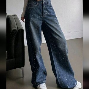 Women Straight Loose Casual Studded Jeans With Pockets